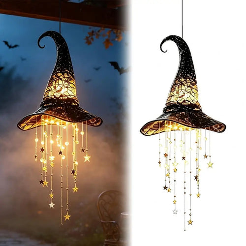 Halloween Hanging Witch Hat Decorations Witch Hat for Porch Led Glowing Witch Hat Ornament with Star Tassels Halloween Hanging