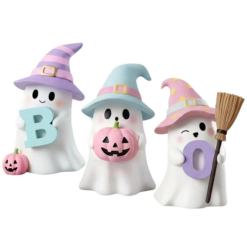 Halloween Ghost Decorations 3 Pack Cute Pumpkin Resin Statue Figurine Shelf Ornament Home Tabletop Desk Living Room Party Supply