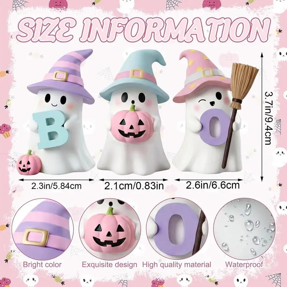 Halloween Ghost Decorations 3 Pack Cute Pumpkin Resin Statue Figurine Shelf Ornament Home Tabletop Desk Living Room Party Supply