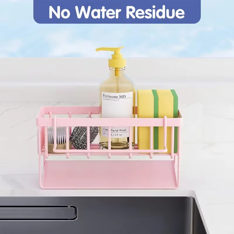 Pink Kitchen Sink Caddy Organiser, Sponge Holder with Drain Tray, Rustproof Countertop Storage Rack for Dish Soap & Brushes