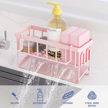Pink Kitchen Sink Caddy Organiser, Sponge Holder with Drain Tray, Rustproof Countertop Storage Rack for Dish Soap & Brushes