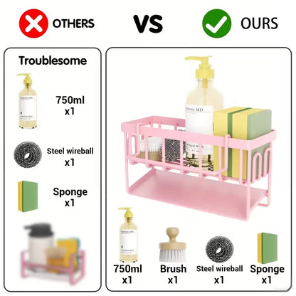 Pink Kitchen Sink Caddy Organiser, Sponge Holder with Drain Tray, Rustproof Countertop Storage Rack for Dish Soap & Brushes