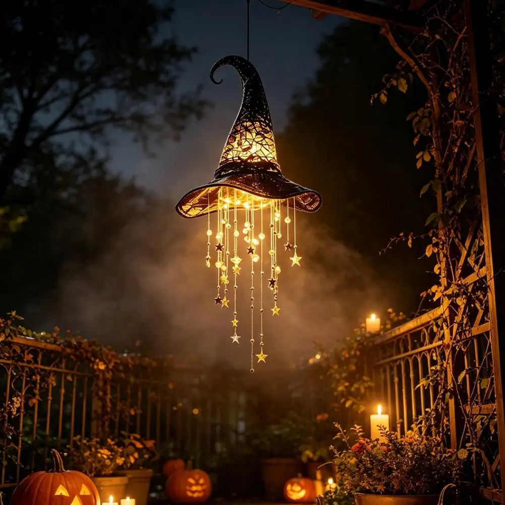 Halloween Hanging Witch Hat Decorations Witch Hat for Porch Led Glowing Witch Hat Ornament with Star Tassels Halloween Hanging