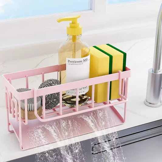 Pink Kitchen Sink Caddy Organiser, Sponge Holder with Drain Tray, Rustproof Countertop Storage Rack for Dish Soap & Brushes