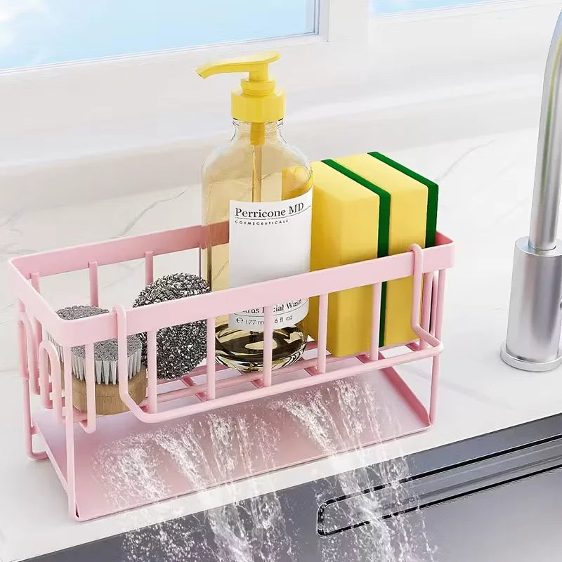 Pink Kitchen Sink Caddy Organiser, Sponge Holder with Drain Tray, Rustproof Countertop Storage Rack for Dish Soap & Brushes