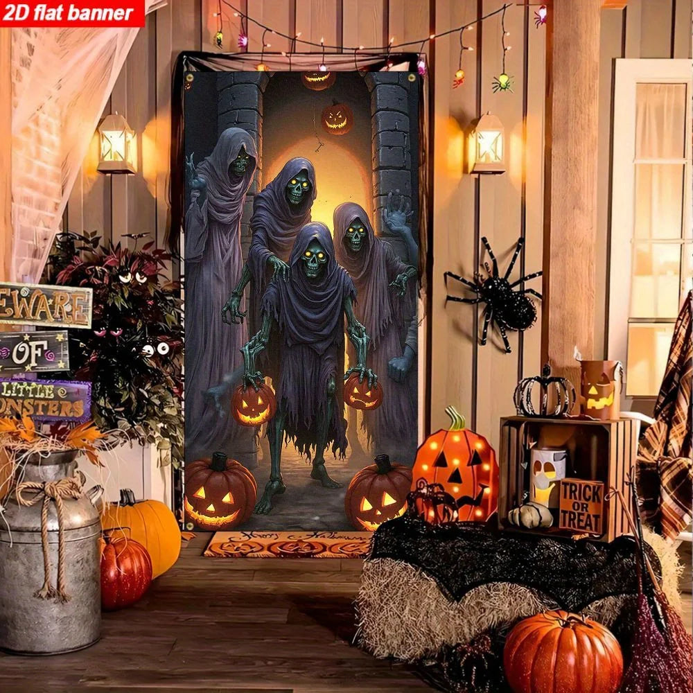 One item, a 2D flat banner, with a Halloween theme, featuring terrifying ghosts, skulls and pumpkin decorations for a party.zyc