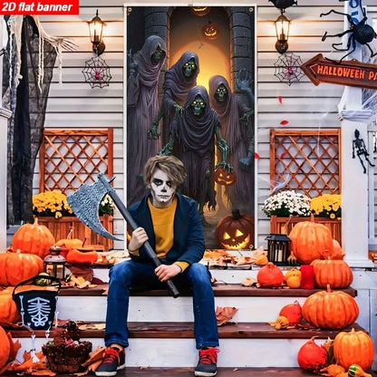 One item, a 2D flat banner, with a Halloween theme, featuring terrifying ghosts, skulls and pumpkin decorations for a party.zyc