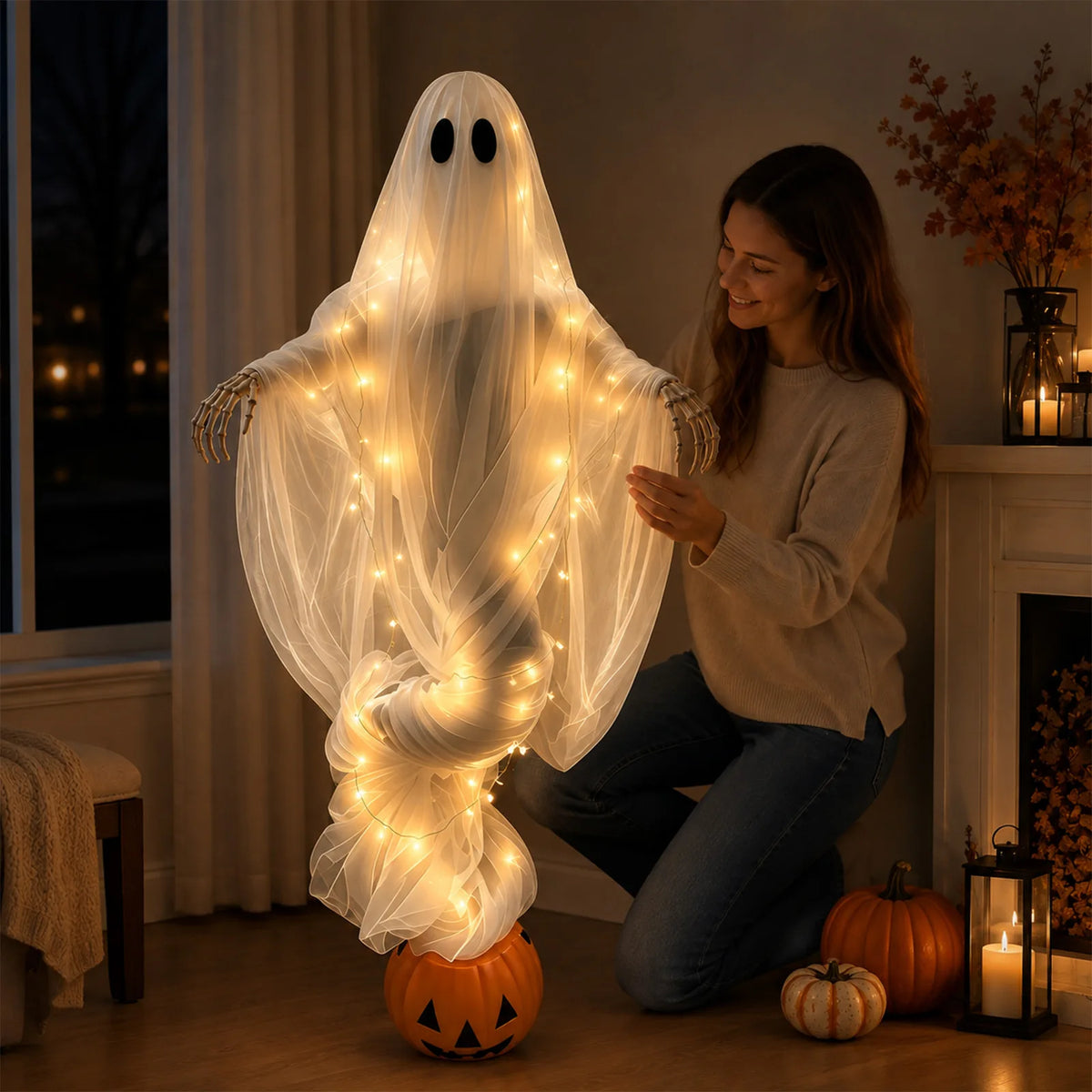 JupiGlow Lighted Pumpkin and Ghost Tabletop Ornament