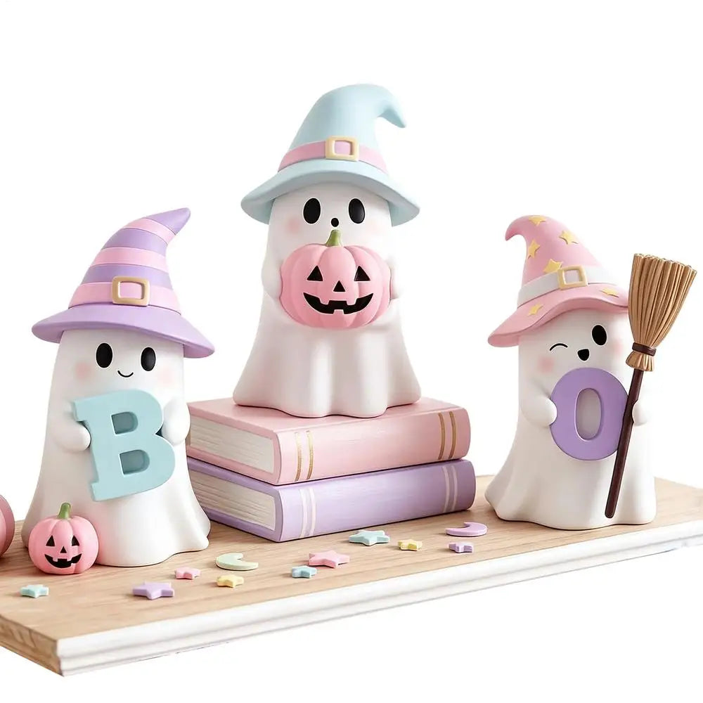 Halloween Ghost Decorations 3 Pack Cute Pumpkin Resin Statue Figurine Shelf Ornament Home Tabletop Desk Living Room Party Supply