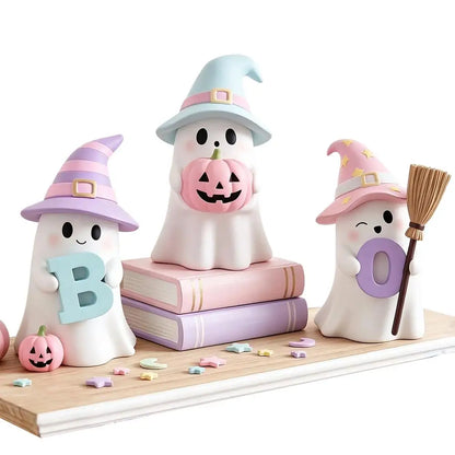 Halloween Ghost Decorations 3 Pack Cute Pumpkin Resin Statue Figurine Shelf Ornament Home Tabletop Desk Living Room Party Supply