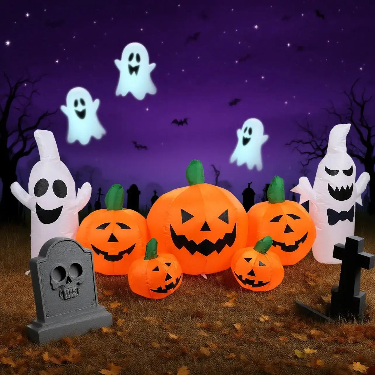 Halloween Inflatable Decorations 4 Pumpkin Lanterns with 2White Ghosts  Halloween Blow Up with Built-in LEDs for Outdoor