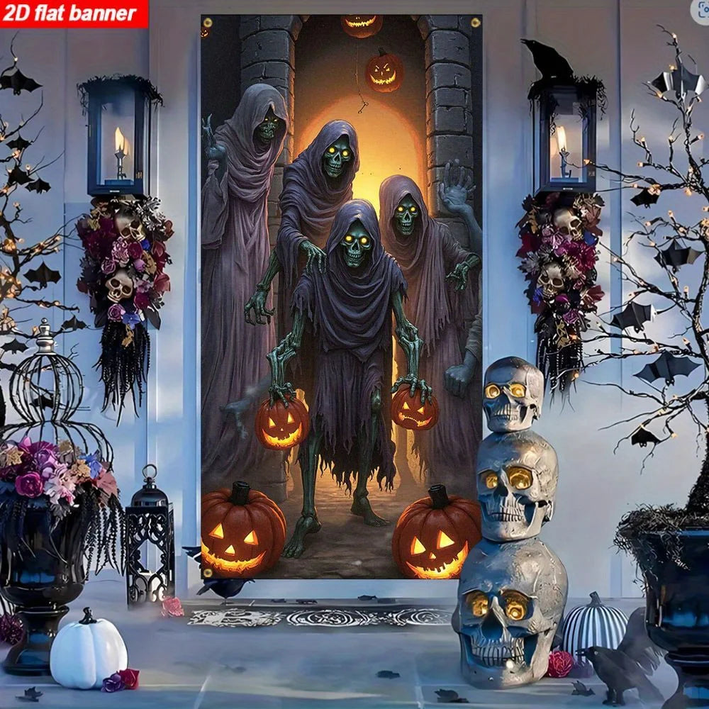 One item, a 2D flat banner, with a Halloween theme, featuring terrifying ghosts, skulls and pumpkin decorations for a party.zyc