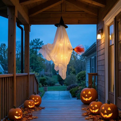 JupiGlow Hanging Broom Ghost Halloween Decoration