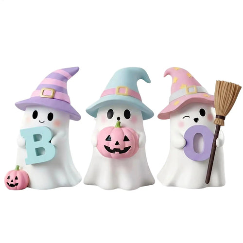Halloween Ghost Decorations 3 Pack Cute Pumpkin Resin Statue Figurine Shelf Ornament Home Tabletop Desk Living Room Party Supply