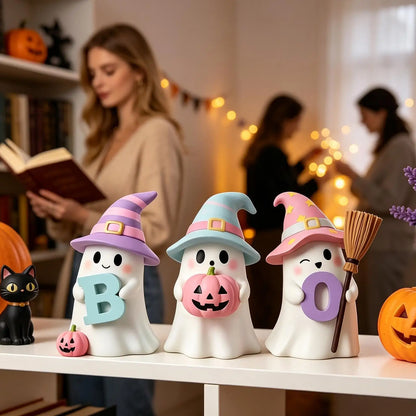 Halloween Ghost Decorations 3 Pack Cute Pumpkin Resin Statue Figurine Shelf Ornament Home Tabletop Desk Living Room Party Supply