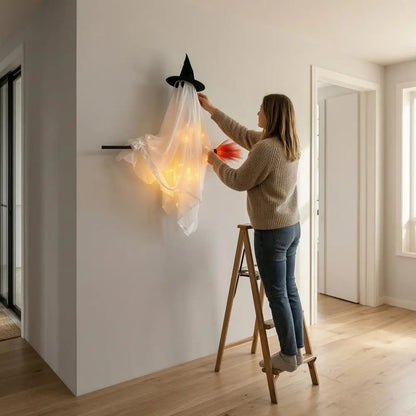 JupiGlow Hanging Broom Ghost Halloween Decoration