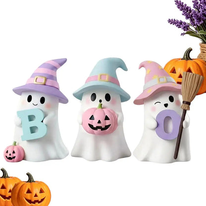 Halloween Ghost Decorations 3 Pack Cute Pumpkin Resin Statue Figurine Shelf Ornament Home Tabletop Desk Living Room Party Supply