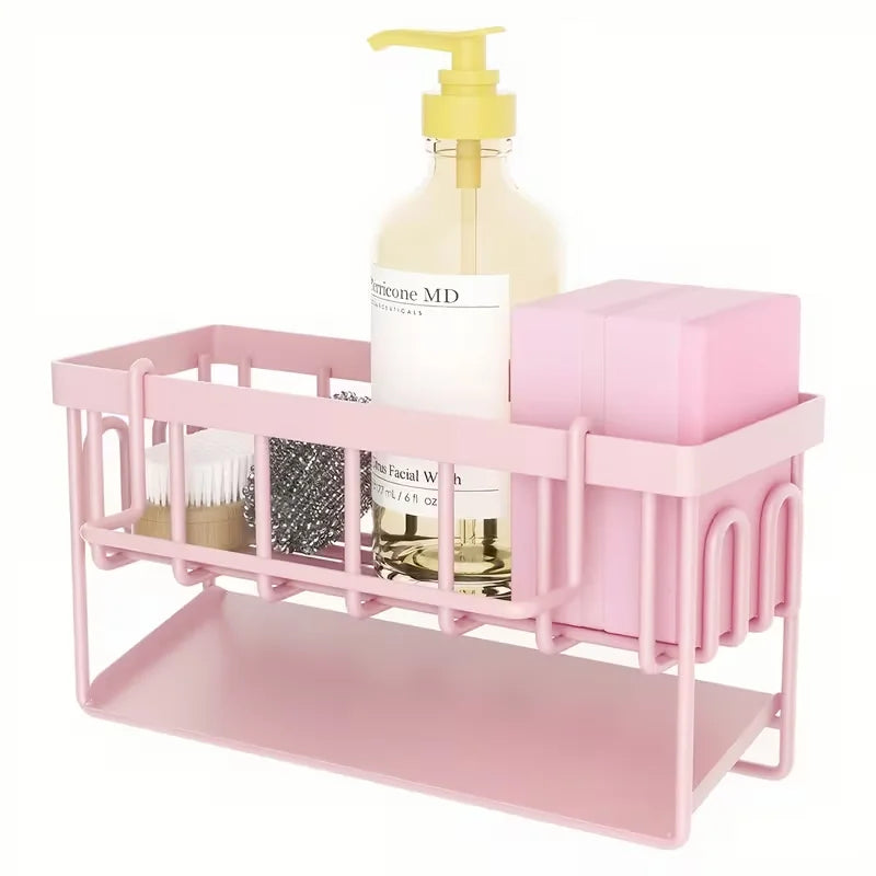 Pink Kitchen Sink Caddy Organiser, Sponge Holder with Drain Tray, Rustproof Countertop Storage Rack for Dish Soap & Brushes