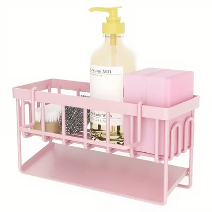 Pink Kitchen Sink Caddy Organiser, Sponge Holder with Drain Tray, Rustproof Countertop Storage Rack for Dish Soap & Brushes