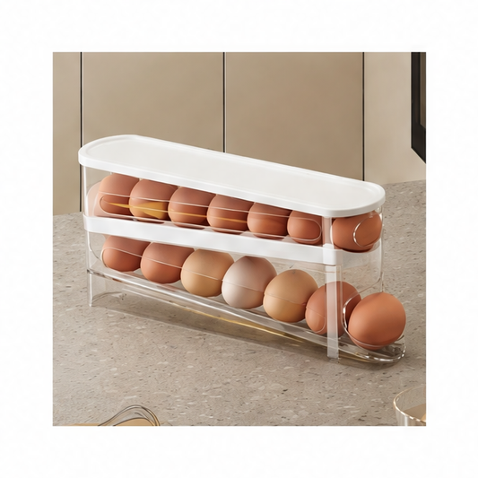 JupiGlow Double-Layer Refrigerator Egg Organizer, Automatic Rolling Holder with Transparent Body, White Lid and Stackable Design