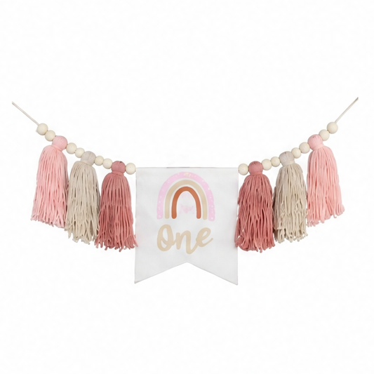 JupiGlow Rainbow 1st Birthday High Chair Banner, Textile Bead and Tassel Garland, Modern Party Decoration in Pink