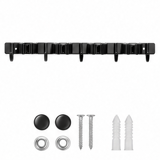 JupiGlow Stainless Steel Broom Wall Holder, Wall Mounted, Waterproof, 4 Slots and 5 Hooks, Medium Size for Brooms, Mops and Garden Tools