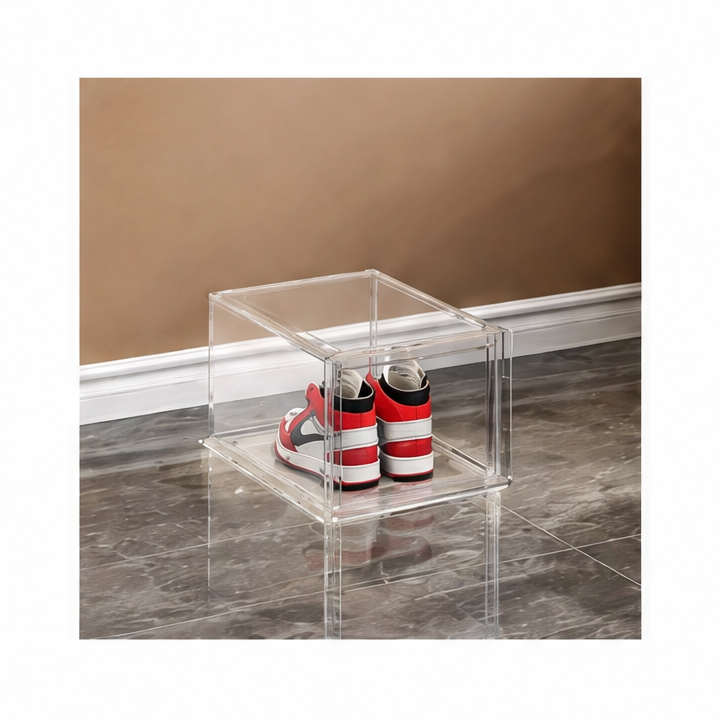 JupiGlow Stackable Shoe Storage Box, Large Transparent Plastic Sneaker Organizer with Magnetic Closure, Front or Side Door