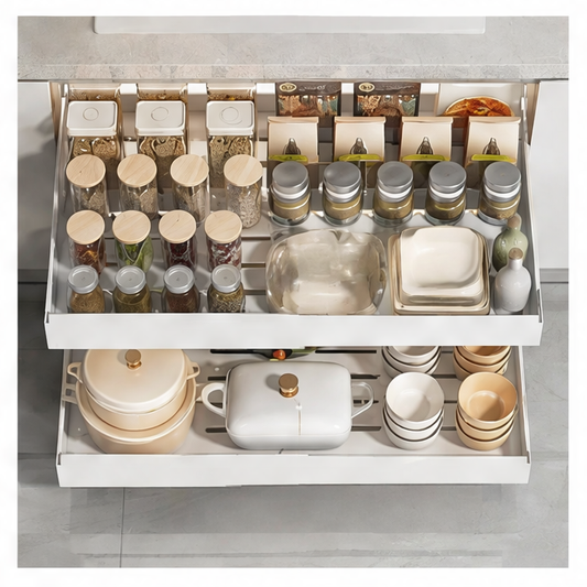 JupiGlow Expandable Pull-Out Cabinet Organizer, Stainless Steel Slide-Out Drawer, Adhesive Tool-Free Installation, 43.5–68 cm