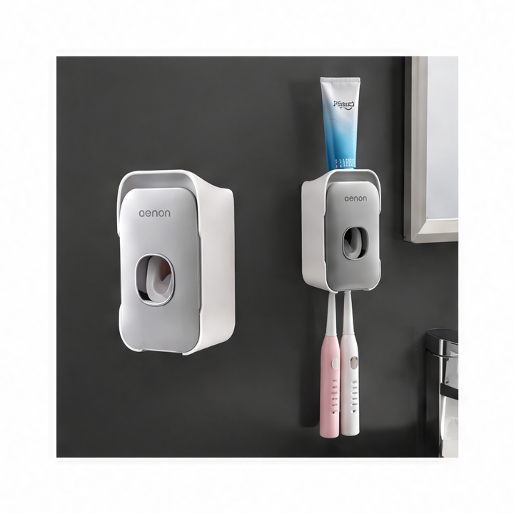 JupiGlow Toothbrush Wall Holder with Manual Toothpaste Dispenser, Punch-Free Plastic Rack in Gray or Black Options