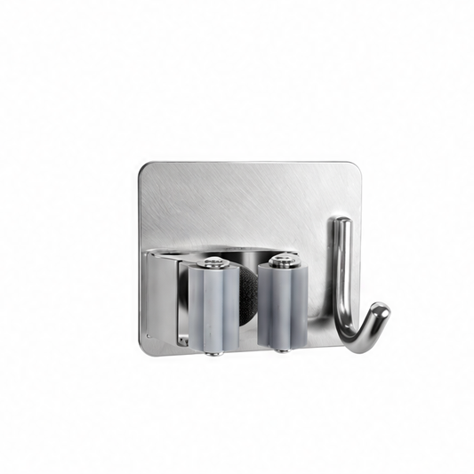 JupiGlow Adhesive Broom Wall Holder, Stainless Steel Multipurpose Mop Hanger with Hooks for Kitchen, Bathroom and Utility Areas