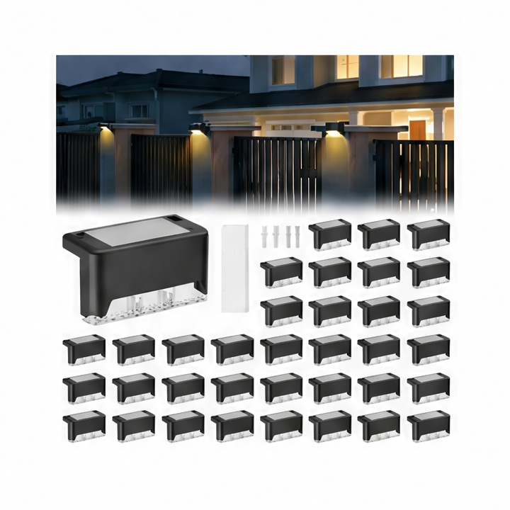 JupiGlow Solar Outdoor Landscape Lights, Waterproof ABS LED Fence and Step Lighting, Push Button, Dimmable, 18 or 36 Light Sets