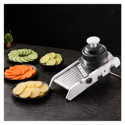 JupiGlow Adjustable Mandoline Slicer, 20+ Cuts, Stainless Steel Blade, Julienne, Spiral and Crinkle Vegetable Chopper with Hand Guard