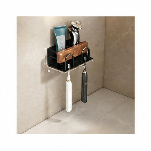 JupiGlow Wood and Aluminum Wall-Mounted Toothbrush Rack, Screw-Drill Installation, 2, 3 or 4 Racks, Black or White