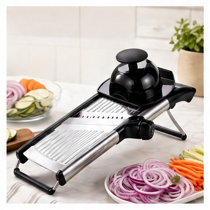 JupiGlow Adjustable Mandoline Slicer, Stainless Steel Blade, Food Holder, Cut-Resistant Gloves, Cleaning Brush for Vegetables