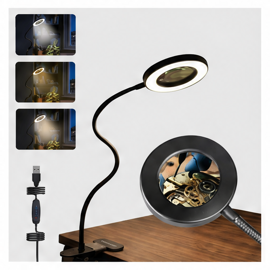 JupiGlow LED Desk Lamp, 5 V DC, Black, Adjustable Task Lighting for Reading, Detailed Work and Desktop Use