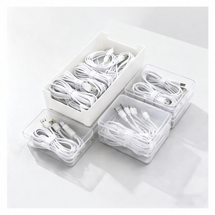 JupiGlow 5-Piece Cable Storage Box Set, Durable Plastic Cord Organizer for Mobile Devices and Charging Accessories