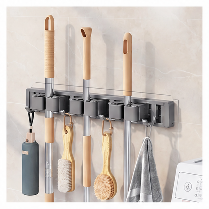 JupiGlow Wall Mounted Mop and Broom Holder, Aluminum, Gray 3 or 4-Buckle Models