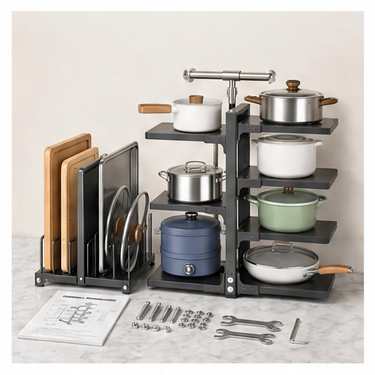 JupiGlow Adjustable 7-Layer Stainless Steel Cabinet Shelf, Foldable Wall-Mountable Kitchen Rack for Pots, Pans and Tableware