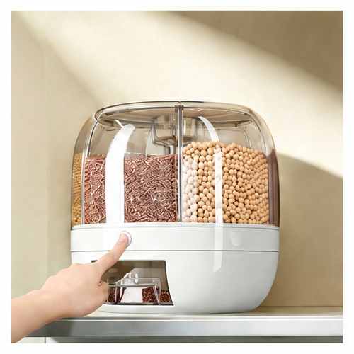 JupiGlow 6-Grid Rotating Rice Dispenser, 360° One-Click Grain Storage Container, White One-Size Kitchen Food Organizer