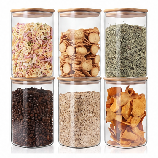 JupiGlow 6-Pack Food Storage Jars, 37 oz Square Canisters with Airtight Bamboo Lids, Clear Stackable Pantry Containers for Pasta, Oats and Spices