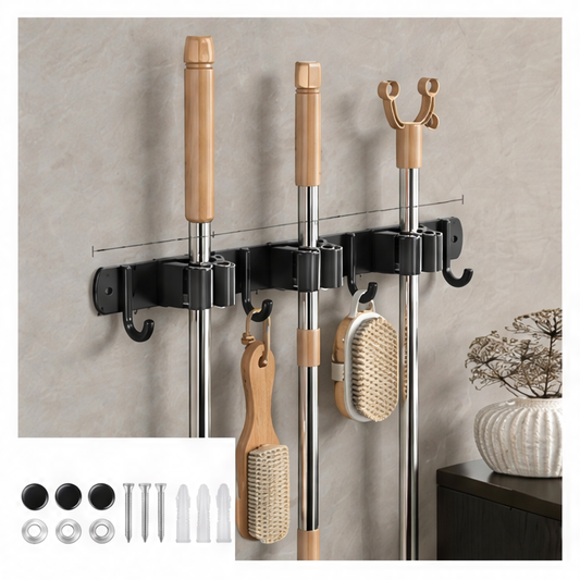 JupiGlow Stainless Steel Broom Wall Holder, Silicone Grip Clamps, Integrated Hooks, Drill-Free or Screw Installation for Bathroom and Laundry Room
