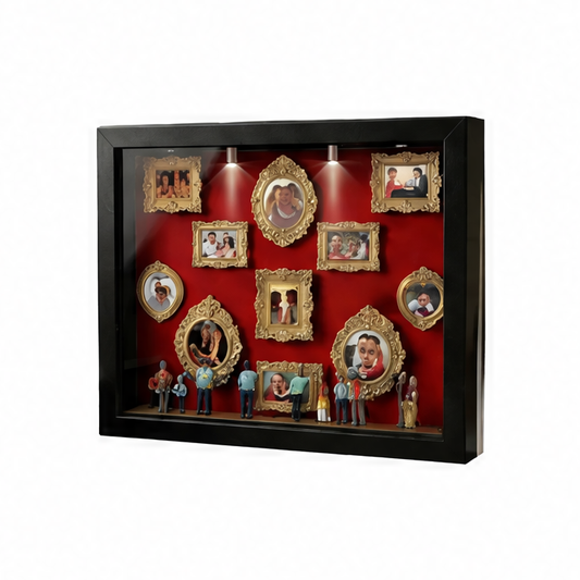 JupiGlow LED Collage Frame, Warm-Light Silhouette Memory Display with 11 Mini Frames and 8 Figurines for Tabletop Décor