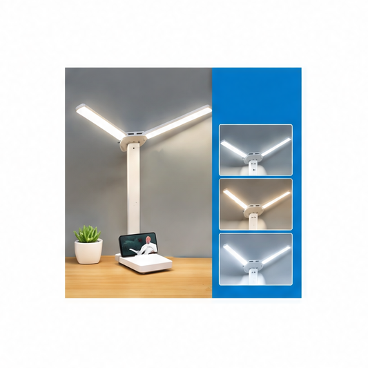 JupiGlow Dual-Head Rechargeable LED Desk Lamp, Foldable Contemporary Reading Light, Touch Dimming, USB Rechargeable Battery for Bedroom or Study