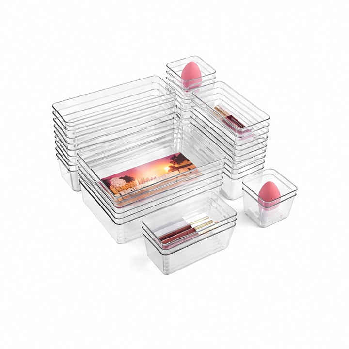 JupiGlow 44-Piece Drawer Organizer Set, Clear Plastic Storage Boxes and Dividers for Kitchen, Pantry, Bathroom and Desk Drawers