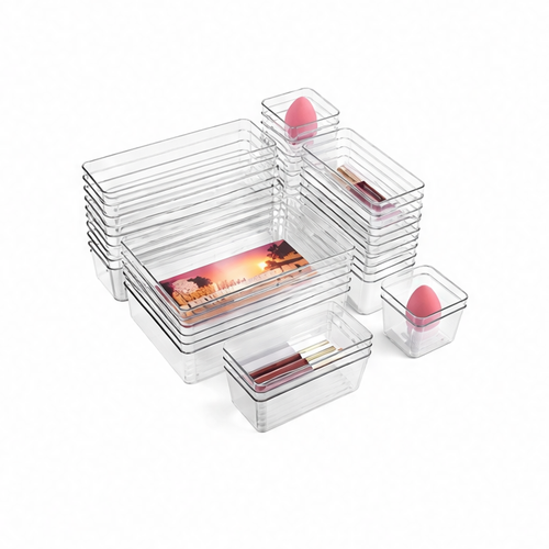 JupiGlow 44-Piece Drawer Organizer Set, Clear Plastic Storage Boxes and Dividers for Kitchen, Pantry, Bathroom and Desk Drawers