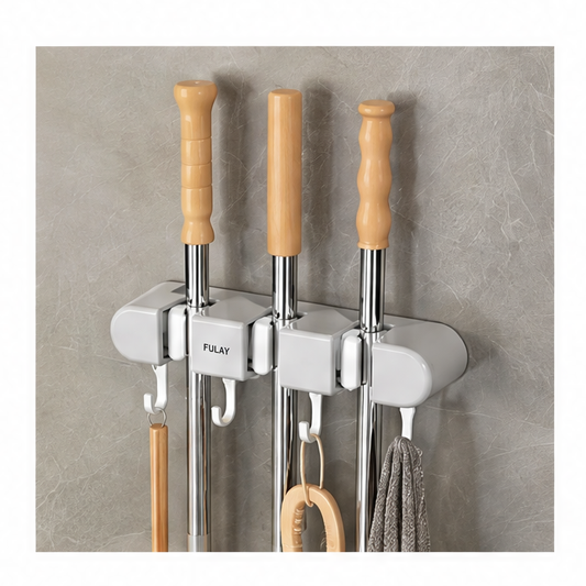 JupiGlow Wall-Mounted Broom Holder, PS Mop Hanger with Storage Shelf Design, Traceless Hanging Organizer in White or Gray