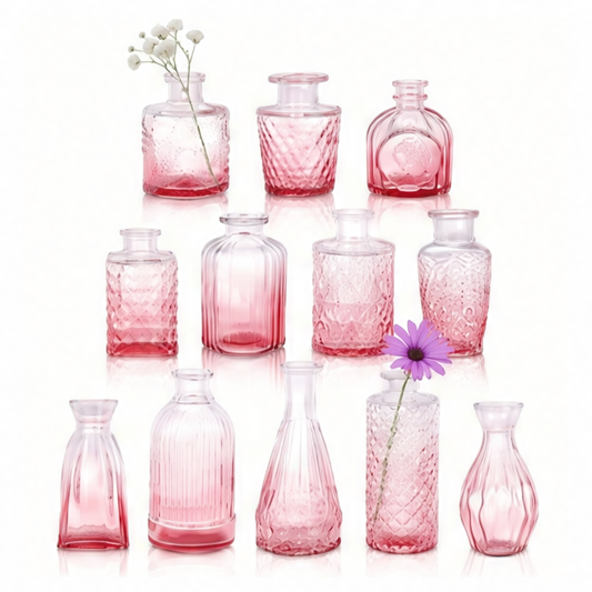 JupiGlow 12-Pack Glass Bud Vase Set, Vintage Gradient Bottles in Blue, Green and Pink for Wedding Centerpieces and Table Décor