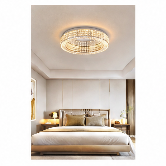 JupiGlow Modern Crystal Ceiling Light, Dimmable AC Fixture, Plated Stainless Steel, 90–260V, 5 Diameter Options for Bedroom or Dining Room