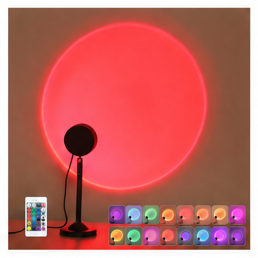 JupiGlow Sunset Projection Lamp, 16-Color RGB LED Night Light with Remote Control, USB DC Power, Black Novelty Decor for Bedroom and Parties