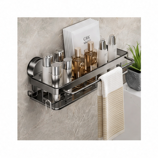 JupiGlow Adhesive Shower Caddy, No-Drill Suction Cup Wall Shelf, Space Aluminum and ABS, 1- or 2-Layer Bathroom Storage